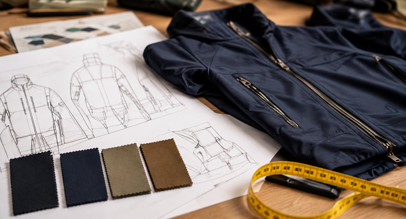 Technical jacket sketches, fabric swatches and navy softshell jacket