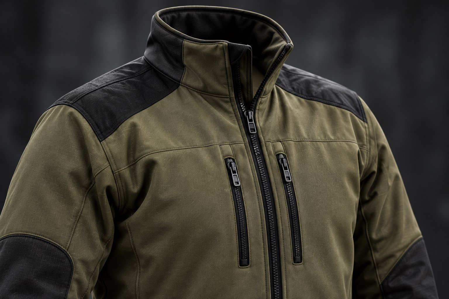Olive and black Ranger softshell jacket, based on the supplied jacket artwork