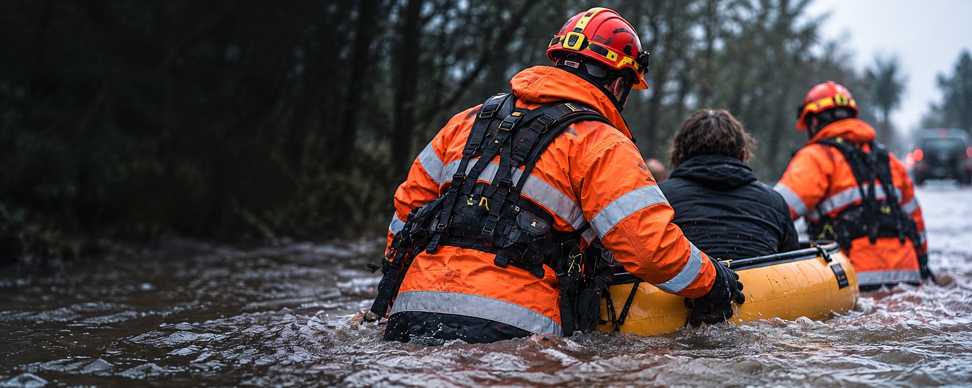 Illustrative flood-rescue scene with orange protective clothing, helmets and buoyancy equipment beside a rescue boat